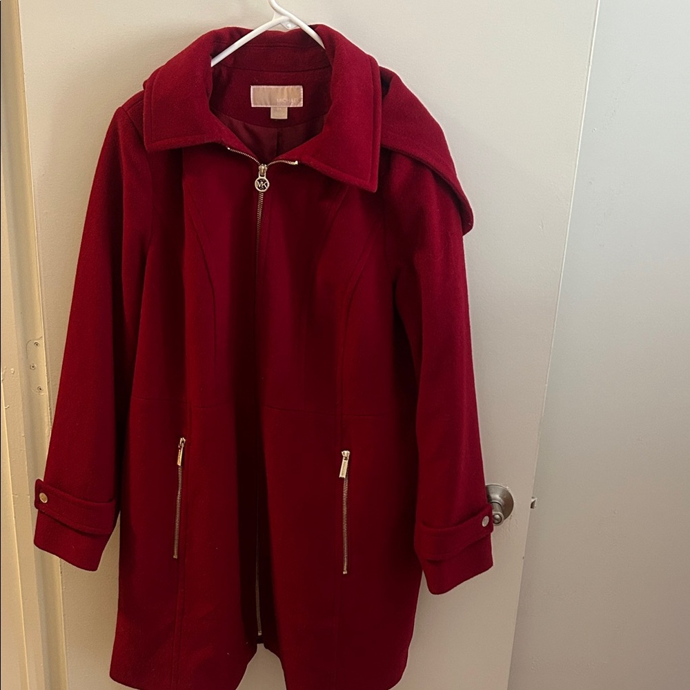 Women's Michael Kors Hooded Red Wool-Blend Zip Coat - 0X